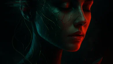 Осколки Сознания: саундтрек к миру, который трещит по швам Обложка песни «Осколки Сознания»: лицо девушки с трещинами и глитч-эффектом в стиле киберпанк. Dark Ambient и Trip-Hop.