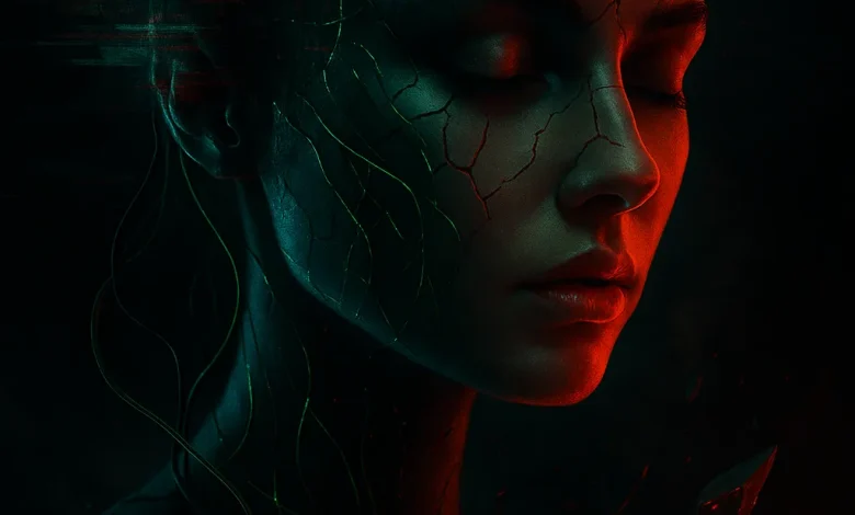 Осколки Сознания: саундтрек к миру, который трещит по швам Обложка песни «Осколки Сознания»: лицо девушки с трещинами и глитч-эффектом в стиле киберпанк. Dark Ambient и Trip-Hop.