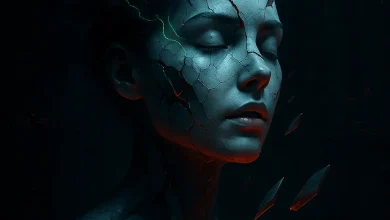 Осколки Сознания: музыкальное путешествие на грани цифрового распада Арт к песне «Осколки Сознания». Раскалывающееся на части лицо девушки с глитч-эффектом, что символизирует распад сознания.