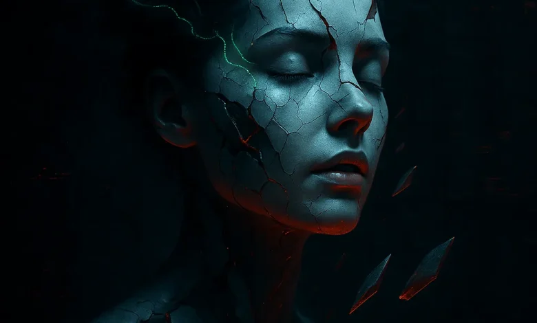 Осколки Сознания: музыкальное путешествие на грани цифрового распада Арт к песне «Осколки Сознания». Раскалывающееся на части лицо девушки с глитч-эффектом, что символизирует распад сознания.