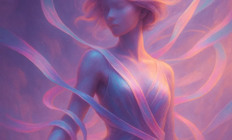 Пастельные Ленты: Когда танец становится картиной, а музыка — красками Обложка песни «Пастельные Ленты»: девушка в окружении развевающихся пастельных лент, символизирующих танец и дрим-поп музыку.