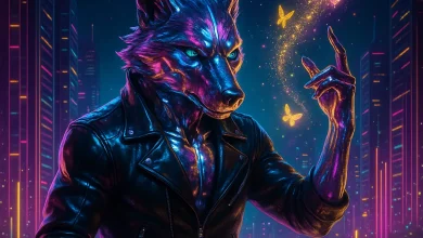 Плитка Мигает: как танец превращает монстра в рой неоновых бабочек Оборотень-диджей в неоновом городе играет синтвейв-трек «Плитка Мигает». Официальная обложка песни в стиле киберпанк.