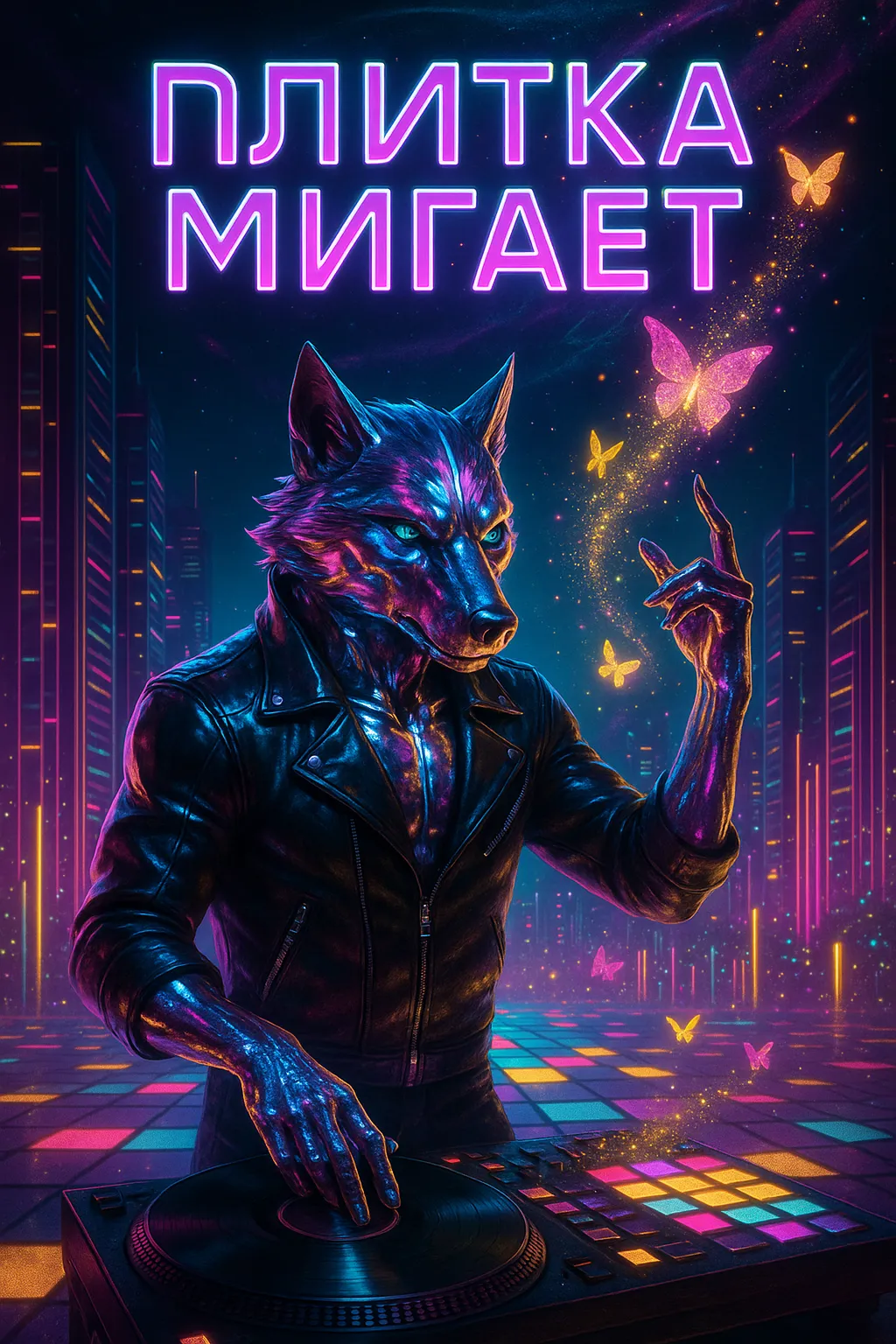 Плитка Мигает: как танец превращает монстра в рой неоновых бабочек Оборотень-диджей в неоновом городе играет синтвейв-трек «Плитка Мигает». Официальная обложка песни в стиле киберпанк.