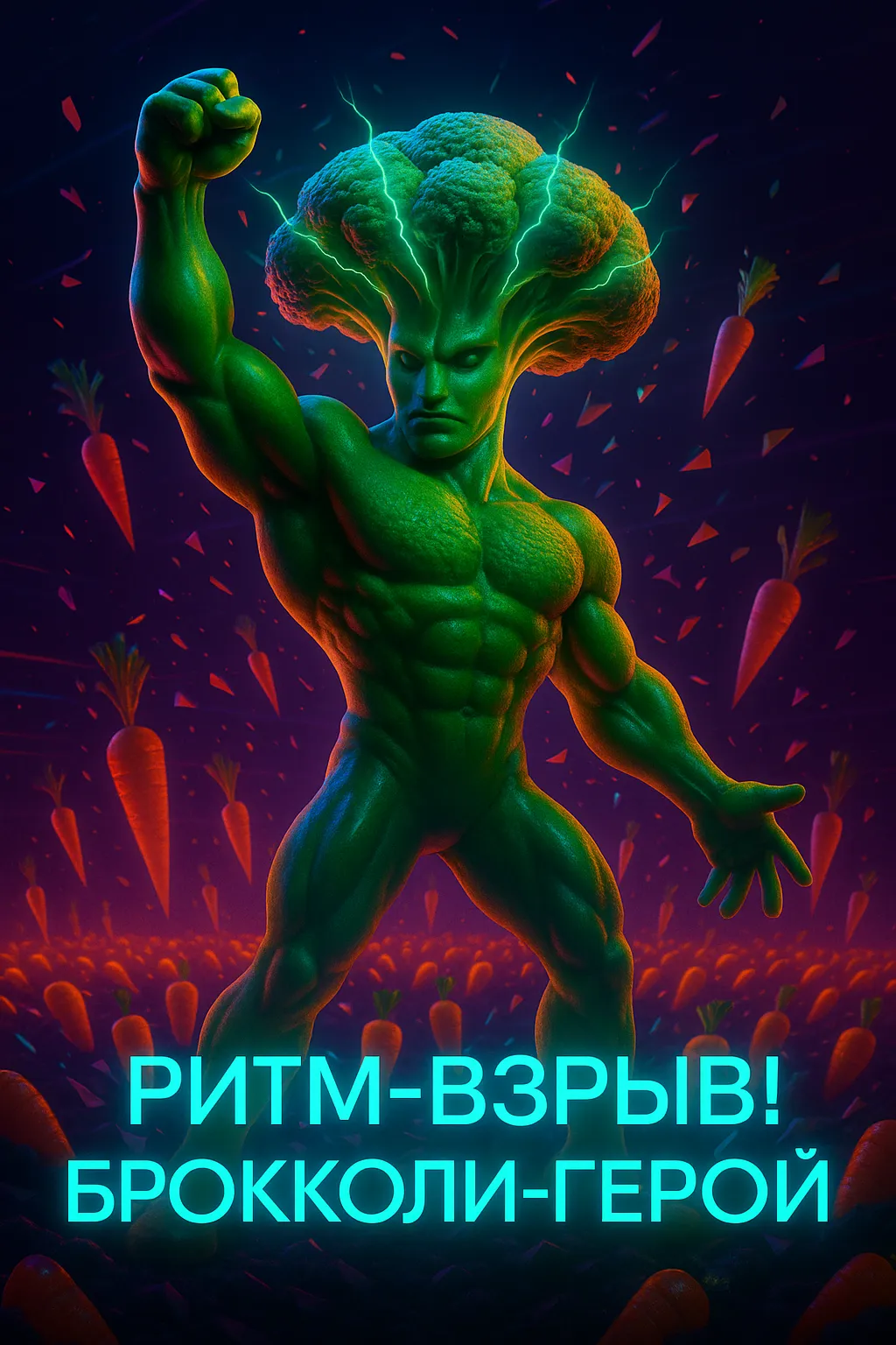 Ритм-Взрыв! Брокколи-Герой: история песни, под которую танцуют даже овощи Брокколи-Герой, мускулистый супергерой-овощ, на официальной обложке танцевального EDM-хита «Ритм-Взрыв!».