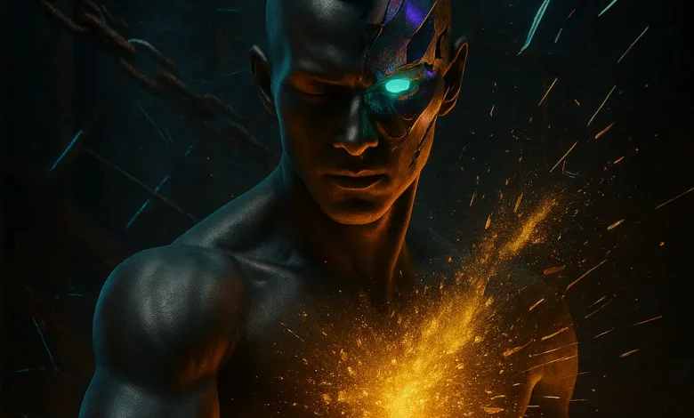 Рваная Реальность: Как танец ярости стал гимном внутренней свободы Обложка песни «Рваная Реальность»: атлетичный мужчина с кибернетическим глазом и рогом, из груди которого вырывается взрыв энергии.