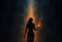 Сквозь Тьму На Свет: история песни о том, как разрушить внутренние стены и обрести голос Женский силуэт идет сквозь темное пространство с парящими кубами к лучу света, держа в руке огонек. Обложка песни о борьбе.