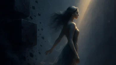 Сквозь Тьму к Свету: история песни, написанной в 3 часа ночи о выходе из личной «пещеры» Девушка выходит из тьмы на луч света. Рядом рушатся темные кьюбы — обложка к песне «Сквозь Тьму к Свету».