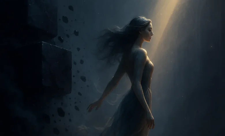 Сквозь Тьму к Свету: история песни, написанной в 3 часа ночи о выходе из личной «пещеры» Девушка выходит из тьмы на луч света. Рядом рушатся темные кьюбы — обложка к песне «Сквозь Тьму к Свету».