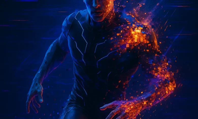 Танцуй Сквозь Глитч: Как цифровой сбой породил гимн адреналина Обложка трека «Танцуй Сквозь Глитч». Мужчина в футуристичном костюме с эффектом цифрового распада (глитч-эффект).