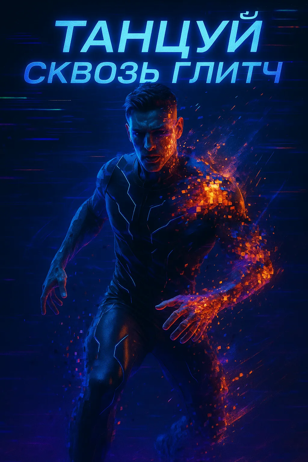 Танцуй Сквозь Глитч: Как цифровой сбой породил гимн адреналина Обложка трека «Танцуй Сквозь Глитч». Мужчина в футуристичном костюме с эффектом цифрового распада (глитч-эффект).