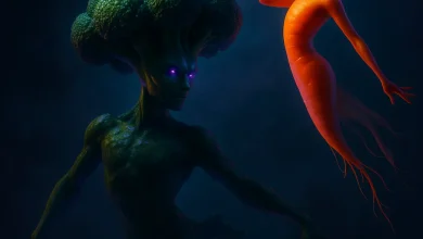 Танец Теней и Моркови: сюрреалистичная история, рождённая во сне Сюрреалистичный арт: брокколи-мутант и парящая морковь исполняют мистический танец. Обложка к песне «Танец Теней и Моркови».