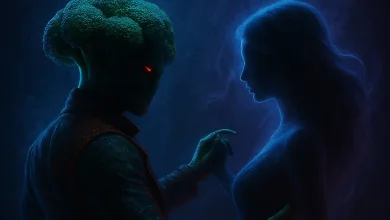 Танго Теней: Танец на грани миров, где реальность даёт сбой Брокколи-воин и тень девушки танцуют дарк-танго. Обложка к песне «Танго Теней» в стиле нуар и мистика.