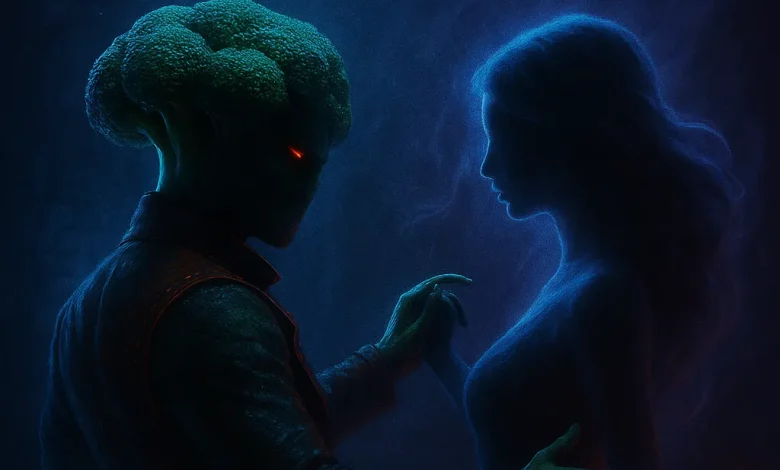 Танго Теней: Танец на грани миров, где реальность даёт сбой Брокколи-воин и тень девушки танцуют дарк-танго. Обложка к песне «Танго Теней» в стиле нуар и мистика.