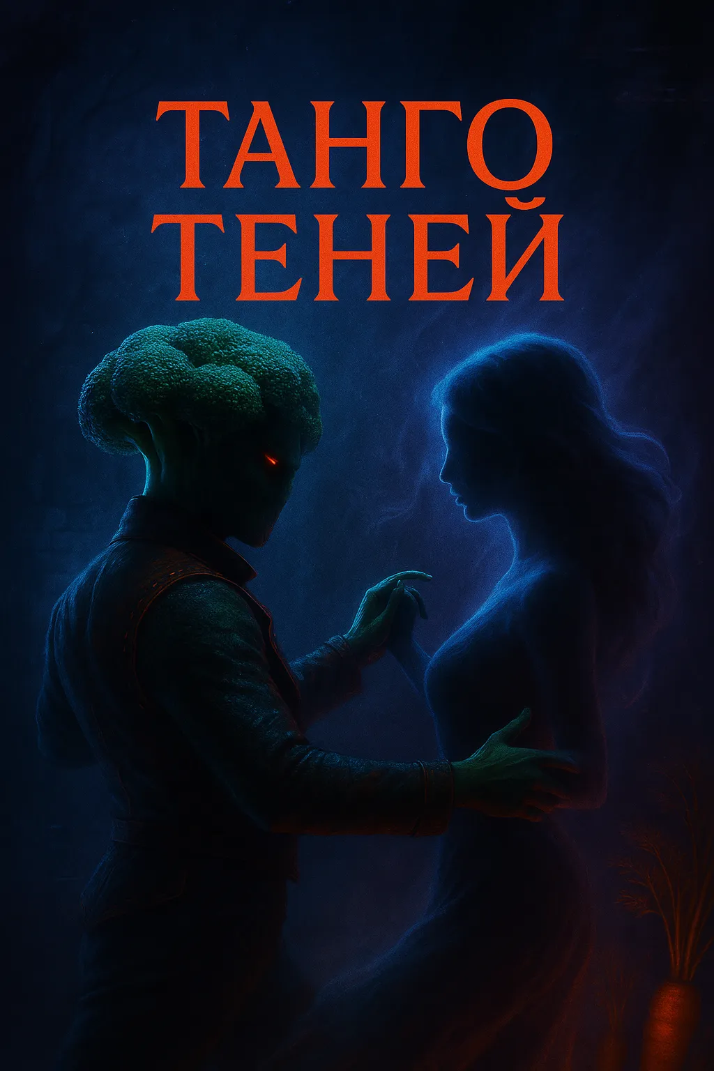 Танго Теней: Танец на грани миров, где реальность даёт сбой Брокколи-воин и тень девушки танцуют дарк-танго. Обложка к песне «Танго Теней» в стиле нуар и мистика.