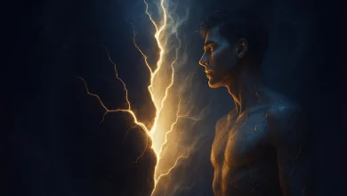 Трещина Света: Песня о том, как самая глубокая боль становится источником света. Обложка песни «Трещина Света»: мужчина со светящимися трещинами на теле на фоне раскола света во тьме, как символ возрождения.