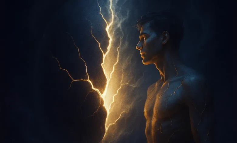 Трещина Света: Песня о том, как самая глубокая боль становится источником света. Обложка песни «Трещина Света»: мужчина со светящимися трещинами на теле на фоне раскола света во тьме, как символ возрождения.