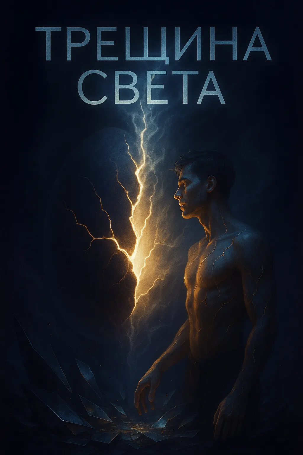 Трещина Света: Песня о том, как самая глубокая боль становится источником света. Обложка песни «Трещина Света»: мужчина со светящимися трещинами на теле на фоне раскола света во тьме, как символ возрождения.