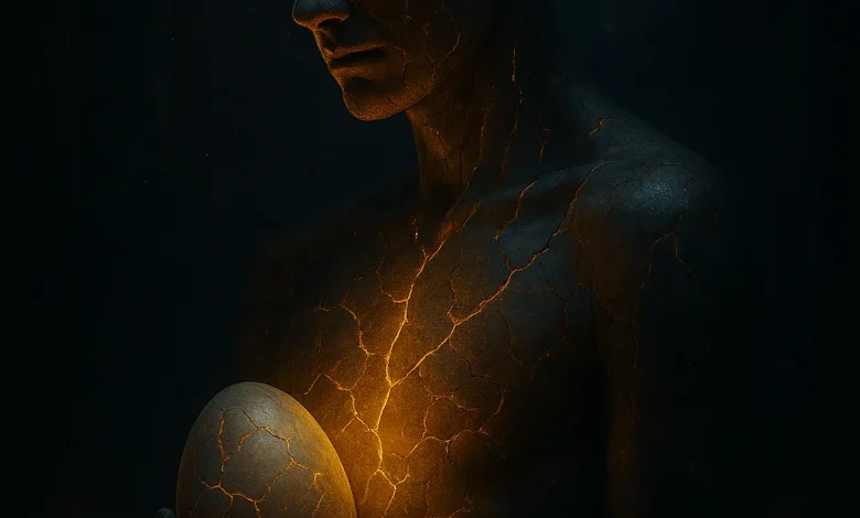 Треск: История песни, которая соберет вашу душу из осколков Обложка сингла «Треск». Фигура человека с золотыми трещинами в стиле кинцуги держит светящееся яйцо, символизируя перерождение.