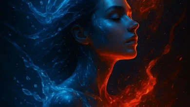 Водный взрыв: история песни о внутренней силе и свете, рождённом из звука Обложка песни «Водный взрыв»: девушка как метафора единства льда и пламени, символизирующая cinematic pop и dark electro.