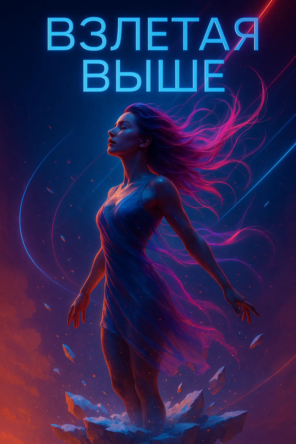 Взлетая Выше: Как превратить свой внутренний хаос в чистую энергию Обложка песни «Взлетая Выше»: девушка в потоке неоновой энергии символизирует превращение хаоса во внутреннюю силу и освобождение.