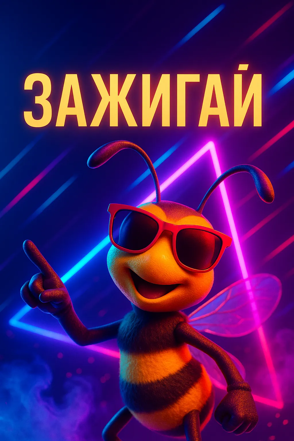 Зажигай!: история песни о пчеле в красных очках и неоновой эйфории Обложка к песне «Зажигай!» от orDor: весёлая пчела в красных очках на фоне неоновых треугольников и дыма.