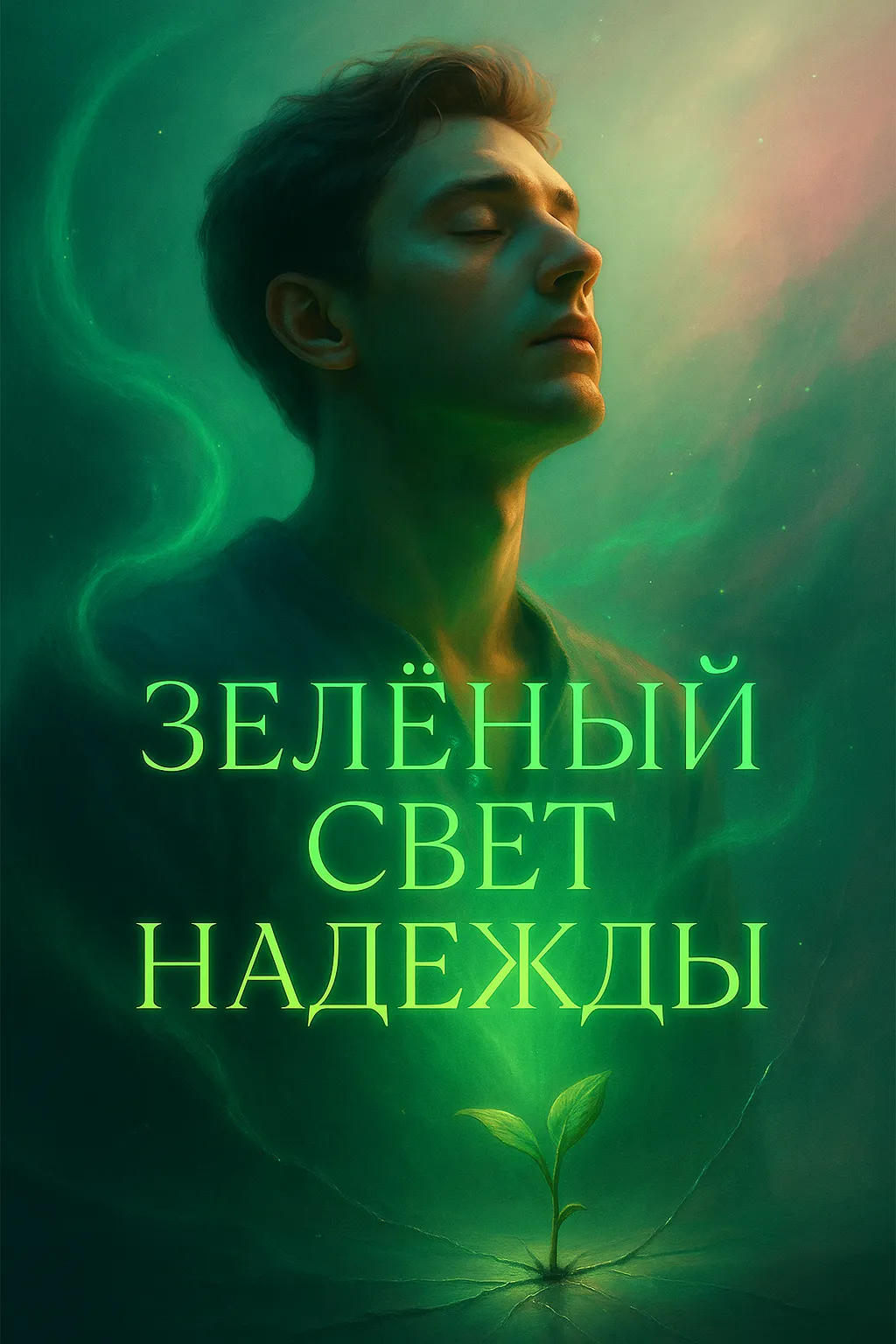 Зеленый Свет Надежды: Музыка для тех, кто ищет выход из тумана Обложка песни «Зеленый Свет Надежды». Мужчина в потоке зеленого света и маленький росток символизируют музыку и трансформацию.