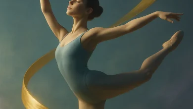 Когда танец застывает на холсте: история песни «Золотой Мазок» Изящная балерина в танце, символизирующая золотой мазок. Обложка песни в стиле ethereal dream pop «Золотой Мазок».