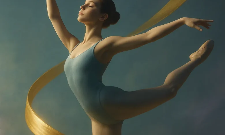 Когда танец застывает на холсте: история песни «Золотой Мазок» Изящная балерина в танце, символизирующая золотой мазок. Обложка песни в стиле ethereal dream pop «Золотой Мазок».