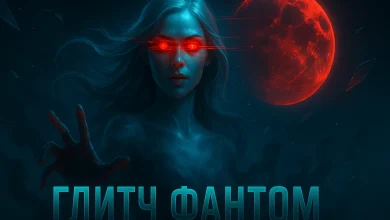 Глитч Фантом: Хроники цифрового призрака Официальная обложка трека orDor – Глитч Фантом. Призрачная девушка с горящими красными глазами на фоне кровавой луны в стиле киберпанк.