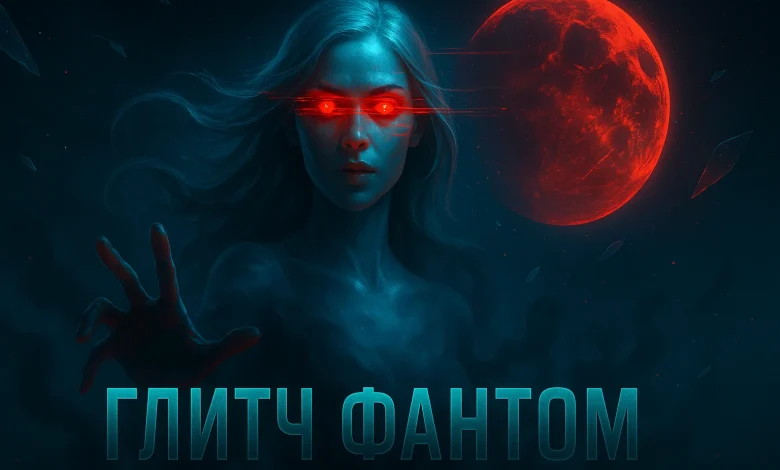 Глитч Фантом: Хроники цифрового призрака Официальная обложка трека orDor – Глитч Фантом. Призрачная девушка с горящими красными глазами на фоне кровавой луны в стиле киберпанк.