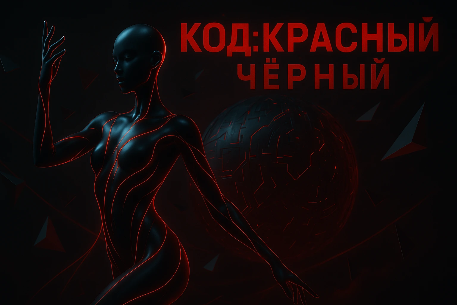 КОД: КРАСНЫЙ / ЧЁРНЫЙ: как цифровой сбой стал танцевальным гимном Официальная обложка трека «КОД: КРАСНЫЙ / ЧЁРНЫЙ». Чёрная кибер-фигура в танце на фоне сферы с красными неоновыми линиями.