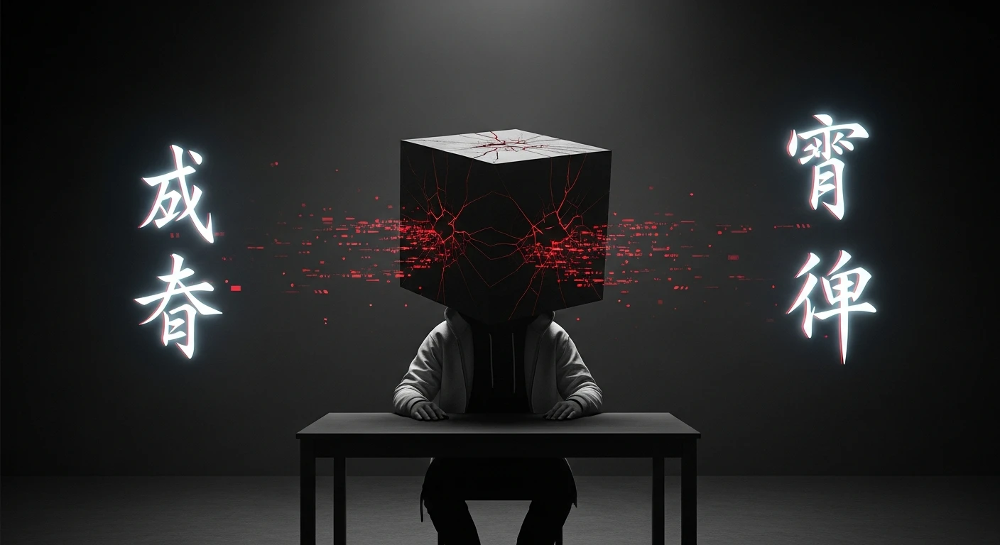 Человек с кубом вместо головы сидит за столом, иллюстрируя идею песни о дегуманизации и эксперимент «Китайская комната».