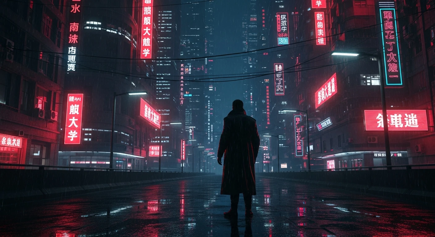 Атмосфера киберпанка, вдохновившая песню. Одинокая фигура на улице неонового города в стиле фильма «Бегущий по лезвию».