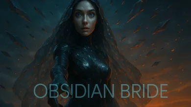 Ледяной сон из Исландии: Как родилась Obsidian Bride Обложка сингла Obsidian Bride: девушка в тёмном обсидиановом капюшоне на фоне осколков и кинематографичного заката.