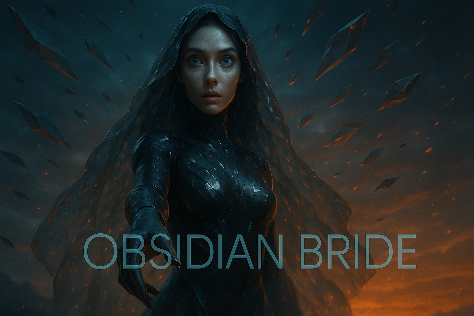 Ледяной сон из Исландии: Как родилась Obsidian Bride Обложка сингла Obsidian Bride: девушка в тёмном обсидиановом капюшоне на фоне осколков и кинематографичного заката.