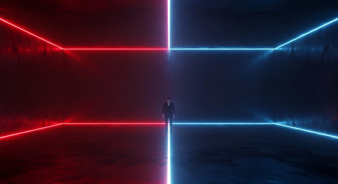 Сюрреалистичная комната, разделенная светящейся линией на красную и синюю половины — визуализация сна, вдохновившего дарк эмбиент трек «Тихий Шов».