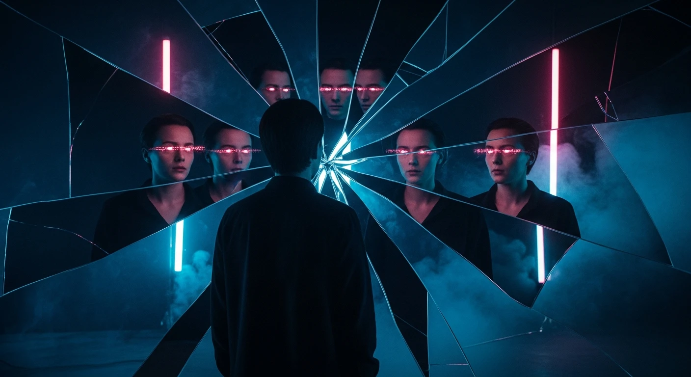 Иллюстрация к песне «Глитч Фантом». Человек видит свои искаженные отражения с цифровыми красными глазами в осколках зеркала.