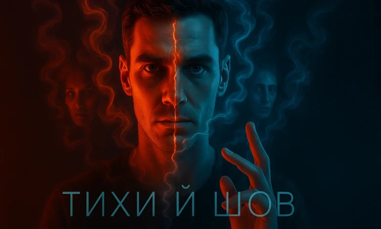 Тихий Шов: Музыка из сна о комнате, разделенной надвое Официальная обложка трека «Тихий Шов». Портрет мужчины, лицо которого разделено пополам на красную и синюю стороны, отражает внутренний конфликт.